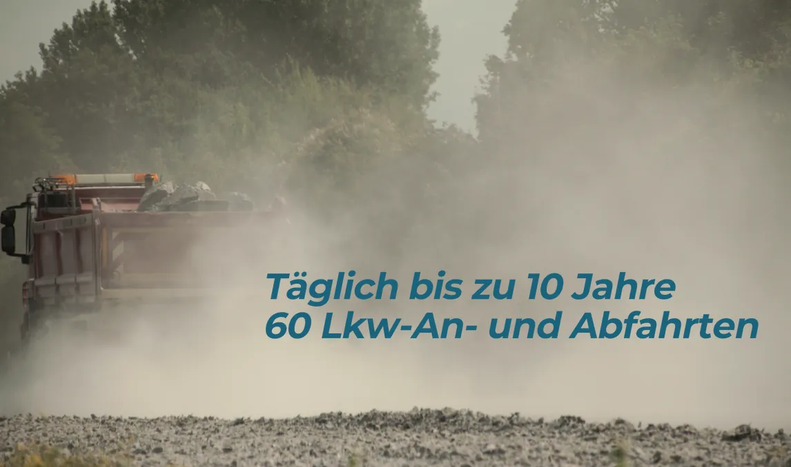 Lkw fährt durch eine dichte Staubwolke über eine Schotterpiste. Text im Bild: Täglich bis zu 10 Jahre 60 Lkw-An- und Abfahrten